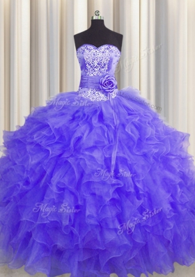 Traditional Handcrafted Flower Lavender Sleeveless Organza Lace Up Sweet 16 Dress for Military Ball and Sweet 16 and Quinceanera