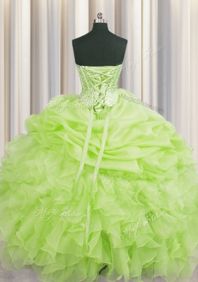 Traditional Pick Ups Visible Boning Ball Gowns Quince Ball Gowns Yellow Green Sweetheart Organza Sleeveless Floor Length Lace Up