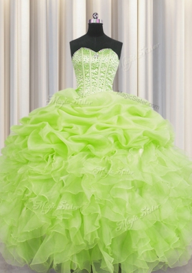 Traditional Pick Ups Visible Boning Ball Gowns Quince Ball Gowns Yellow Green Sweetheart Organza Sleeveless Floor Length Lace Up