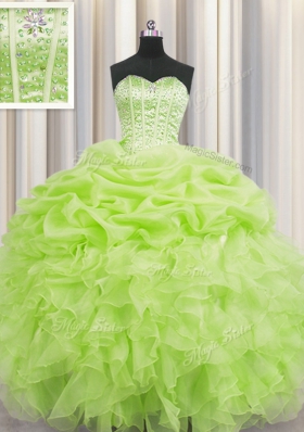 Traditional Pick Ups Visible Boning Ball Gowns Quince Ball Gowns Yellow Green Sweetheart Organza Sleeveless Floor Length Lace Up