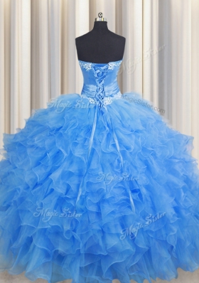 Vintage Handcrafted Flower Baby Blue Sweetheart Neckline Beading and Ruffles and Hand Made Flower Quinceanera Gown Sleeveless Lace Up