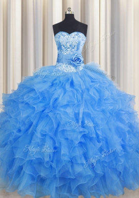 Vintage Handcrafted Flower Baby Blue Sweetheart Neckline Beading and Ruffles and Hand Made Flower Quinceanera Gown Sleeveless Lace Up