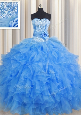 Vintage Handcrafted Flower Baby Blue Sweetheart Neckline Beading and Ruffles and Hand Made Flower Quinceanera Gown Sleeveless Lace Up