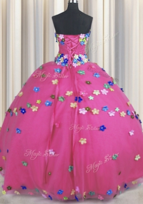 Vintage Hot Pink Lace Up Strapless Hand Made Flower Quince Ball Gowns Tulle Sleeveless