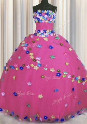 Vintage Hot Pink Lace Up Strapless Hand Made Flower Quince Ball Gowns Tulle Sleeveless
