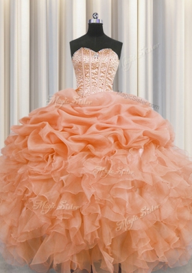 Visible Boning Floor Length Lace Up Quinceanera Dresses Orange and In for Military Ball and Sweet 16 and Quinceanera with Beading and Ruffles and Pick Ups