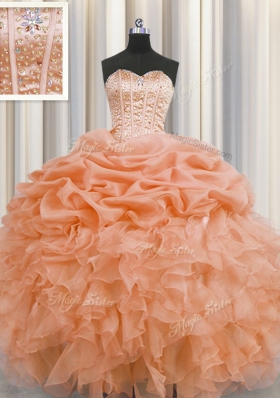 Visible Boning Floor Length Lace Up Quinceanera Dresses Orange and In for Military Ball and Sweet 16 and Quinceanera with Beading and Ruffles and Pick Ups