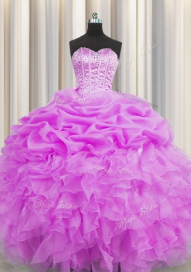 Visible Boning Lilac Sleeveless Beading and Ruffles and Pick Ups Floor Length Quinceanera Dresses