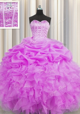 Visible Boning Lilac Sleeveless Beading and Ruffles and Pick Ups Floor Length Quinceanera Dresses