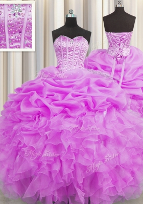Visible Boning Lilac Sleeveless Beading and Ruffles and Pick Ups Floor Length Quinceanera Dresses