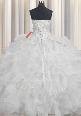 White Ball Gowns Organza Sweetheart Sleeveless Beading and Ruffles Floor Length Lace Up Quinceanera Gown