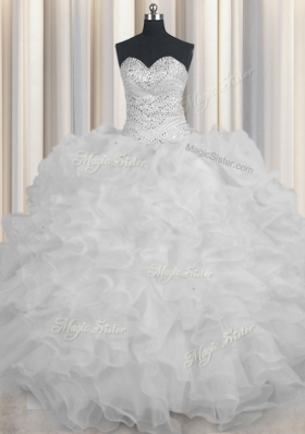 White Ball Gowns Organza Sweetheart Sleeveless Beading and Ruffles Floor Length Lace Up Quinceanera Gown