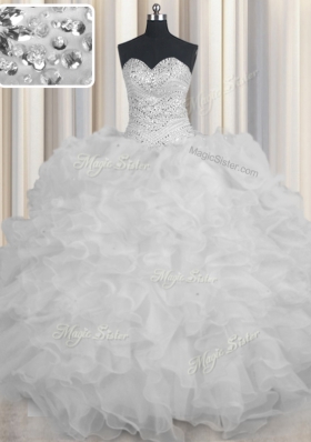 White Ball Gowns Organza Sweetheart Sleeveless Beading and Ruffles Floor Length Lace Up Quinceanera Gown