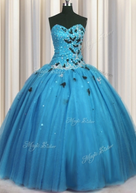 Adorable Baby Blue Lace Up Vestidos de Quinceanera Beading and Appliques Sleeveless Floor Length