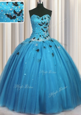Adorable Baby Blue Lace Up Vestidos de Quinceanera Beading and Appliques Sleeveless Floor Length