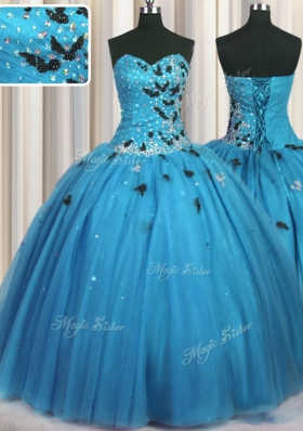 Adorable Baby Blue Lace Up Vestidos de Quinceanera Beading and Appliques Sleeveless Floor Length
