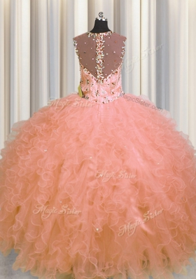 Amazing See Through Zipper Up Floor Length Watermelon Red Vestidos de Quinceanera Straps Sleeveless Zipper