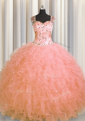 Amazing See Through Zipper Up Floor Length Watermelon Red Vestidos de Quinceanera Straps Sleeveless Zipper