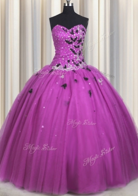 Beading and Appliques Sweet 16 Dresses Fuchsia Lace Up Sleeveless Floor Length