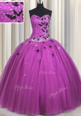 Beading and Appliques Sweet 16 Dresses Fuchsia Lace Up Sleeveless Floor Length