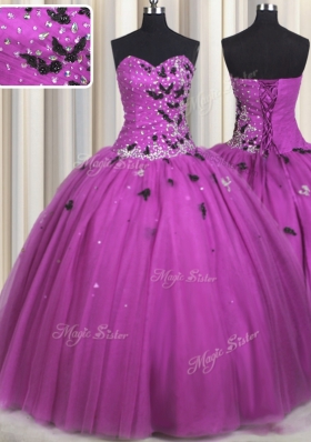 Beading and Appliques Sweet 16 Dresses Fuchsia Lace Up Sleeveless Floor Length