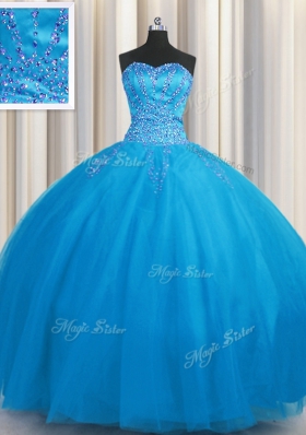 Big Puffy Blue Tulle Lace Up Sweetheart Sleeveless Floor Length Vestidos de Quinceanera Beading