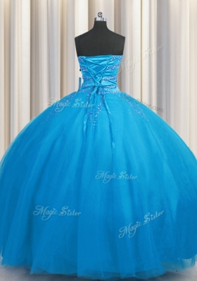 Big Puffy Blue Tulle Lace Up Sweetheart Sleeveless Floor Length Vestidos de Quinceanera Beading