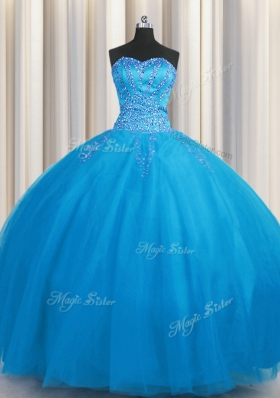 Big Puffy Blue Tulle Lace Up Sweetheart Sleeveless Floor Length Vestidos de Quinceanera Beading