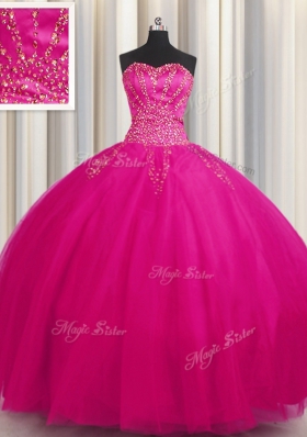Big Puffy Fuchsia Ball Gowns Tulle Sweetheart Sleeveless Beading Floor Length Lace Up 15 Quinceanera Dress
