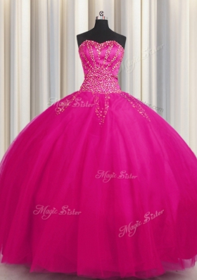 Big Puffy Fuchsia Ball Gowns Tulle Sweetheart Sleeveless Beading Floor Length Lace Up 15 Quinceanera Dress