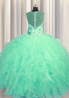 Cheap See Through Zipper Up Turquoise Sleeveless Beading and Ruffles Floor Length Ball Gown Prom Dress
