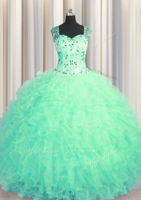 Cheap See Through Zipper Up Turquoise Sleeveless Beading and Ruffles Floor Length Ball Gown Prom Dress