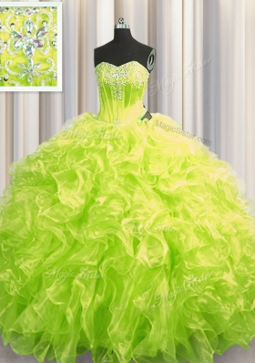 Chic Brush Train Ball Gowns Sweet 16 Dress Yellow Green Sweetheart Organza Long Sleeves Lace Up