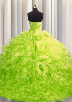 Chic Brush Train Ball Gowns Sweet 16 Dress Yellow Green Sweetheart Organza Long Sleeves Lace Up