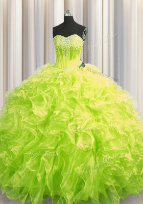 Chic Brush Train Ball Gowns Sweet 16 Dress Yellow Green Sweetheart Organza Long Sleeves Lace Up