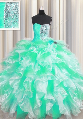 Colorful Apple Green Sweetheart Neckline Beading and Ruffles Ball Gown Prom Dress Sleeveless Lace Up