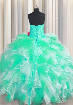 Colorful Apple Green Sweetheart Neckline Beading and Ruffles Ball Gown Prom Dress Sleeveless Lace Up