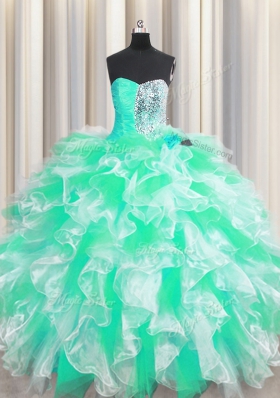 Colorful Apple Green Sweetheart Neckline Beading and Ruffles Ball Gown Prom Dress Sleeveless Lace Up