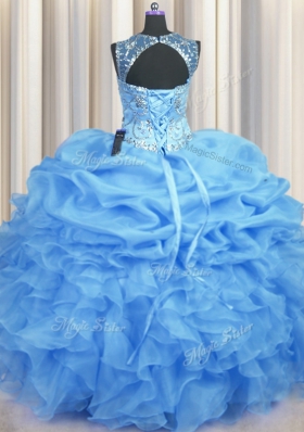 Custom Design See Through Floor Length Light Blue 15th Birthday Dress Organza Sleeveless Beading and Ruffles and Pick Ups