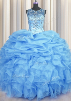 Custom Design See Through Floor Length Light Blue 15th Birthday Dress Organza Sleeveless Beading and Ruffles and Pick Ups
