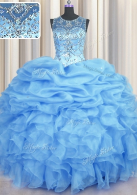 Custom Design See Through Floor Length Light Blue 15th Birthday Dress Organza Sleeveless Beading and Ruffles and Pick Ups