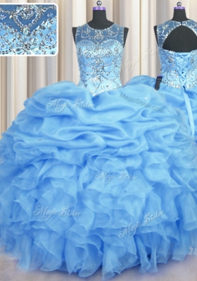 Custom Design See Through Floor Length Light Blue 15th Birthday Dress Organza Sleeveless Beading and Ruffles and Pick Ups