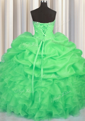 Customized Green Sweet 16 Quinceanera Dress Military Ball and Sweet 16 and Quinceanera and For with Beading and Ruffles and Ruching and Pick Ups Sweetheart Sleeveless Lace Up