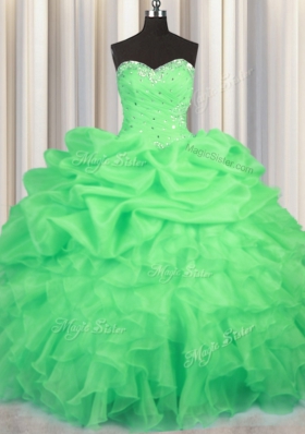 Customized Green Sweet 16 Quinceanera Dress Military Ball and Sweet 16 and Quinceanera and For with Beading and Ruffles and Ruching and Pick Ups Sweetheart Sleeveless Lace Up