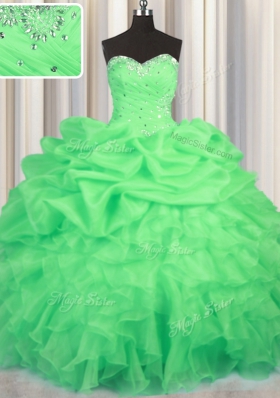 Customized Green Sweet 16 Quinceanera Dress Military Ball and Sweet 16 and Quinceanera and For with Beading and Ruffles and Ruching and Pick Ups Sweetheart Sleeveless Lace Up