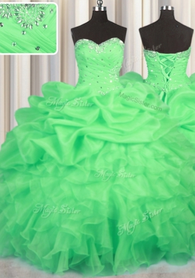 Customized Green Sweet 16 Quinceanera Dress Military Ball and Sweet 16 and Quinceanera and For with Beading and Ruffles and Ruching and Pick Ups Sweetheart Sleeveless Lace Up