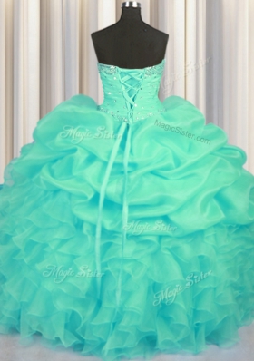 Customized Turquoise Organza Lace Up Sweet 16 Dresses Sleeveless Floor Length Beading and Ruffles and Ruching and Pick Ups
