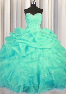 Customized Turquoise Organza Lace Up Sweet 16 Dresses Sleeveless Floor Length Beading and Ruffles and Ruching and Pick Ups