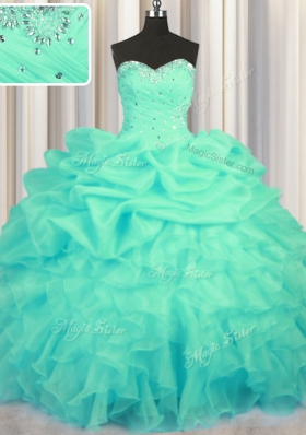 Customized Turquoise Organza Lace Up Sweet 16 Dresses Sleeveless Floor Length Beading and Ruffles and Ruching and Pick Ups