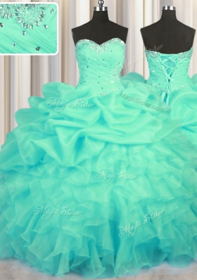 Customized Turquoise Organza Lace Up Sweet 16 Dresses Sleeveless Floor Length Beading and Ruffles and Ruching and Pick Ups